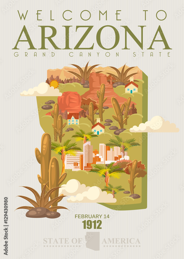 亚利桑那州矢量美国海报。美国旅游插图。美利坚合众国贺卡