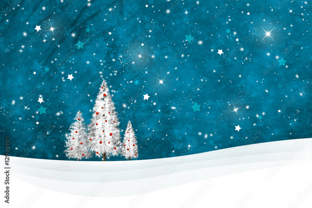 Winter snowy landscape with single Christmas decoration tree and blue sky with snowflakes and star s