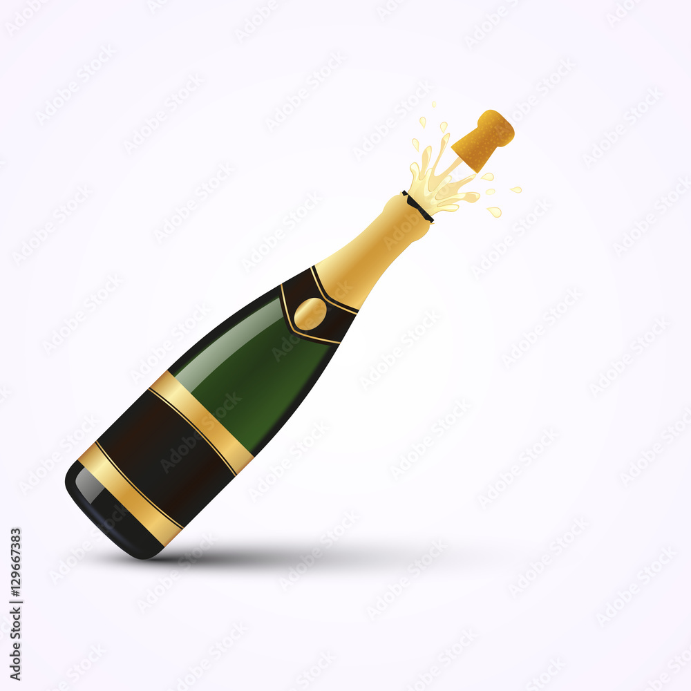 逼真的香槟酒瓶，带有金箔和飞溅物，在白色背景上隔离