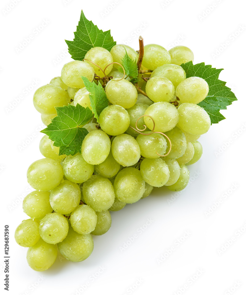 带叶子的绿色葡萄。在whit上分离的一束新鲜浆果