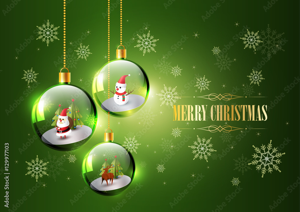 圣诞快乐，圣诞老人、雪人和驯鹿在玻璃球里，把圣诞球挂在gr上