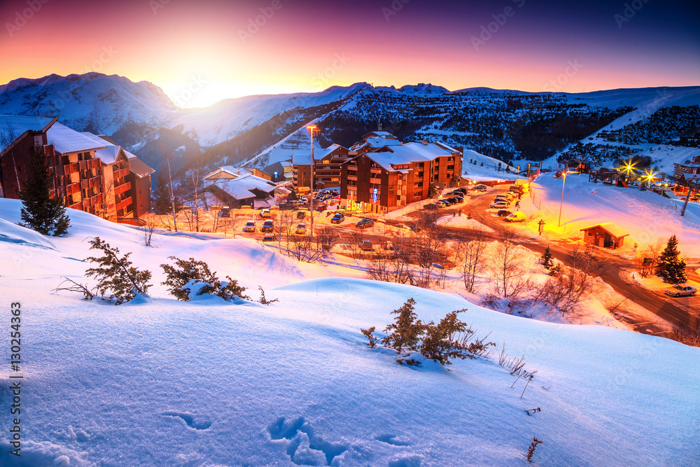 Amazing sunset and winter landscape,Alpe dHuez,France,Europe