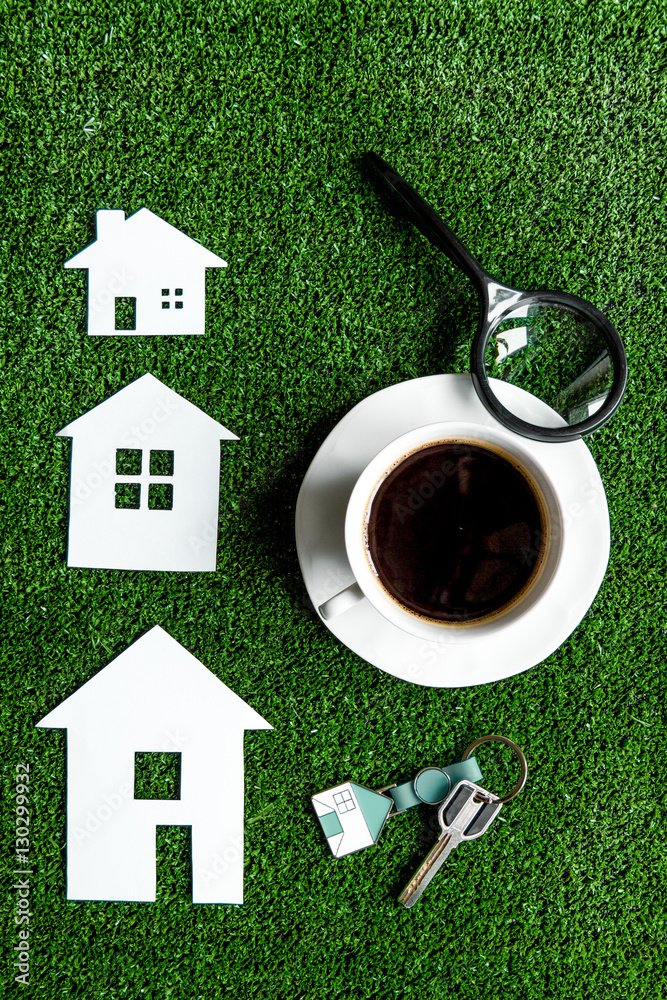 selection of home before buying on green background top view