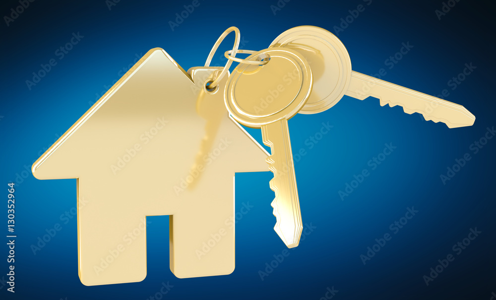 Gold key with house keyring 3D rendering