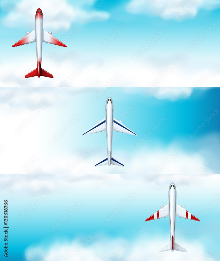 Three scenes of airplane flying at daytime