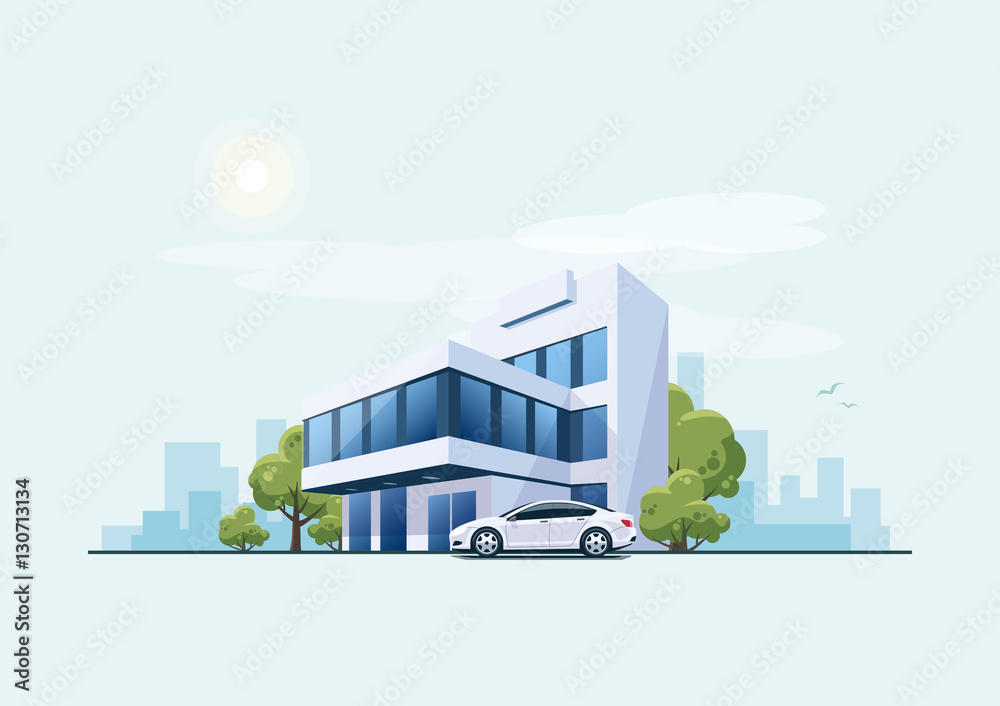 Office Building with Car and City Background
