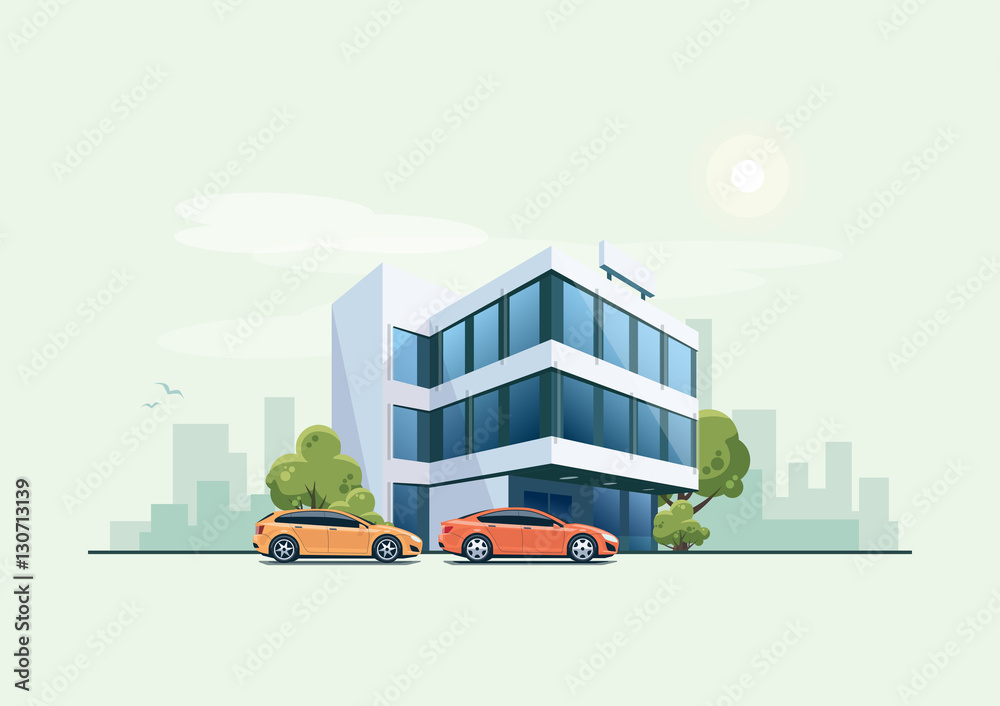 Office Building with Parking Cars and City Background