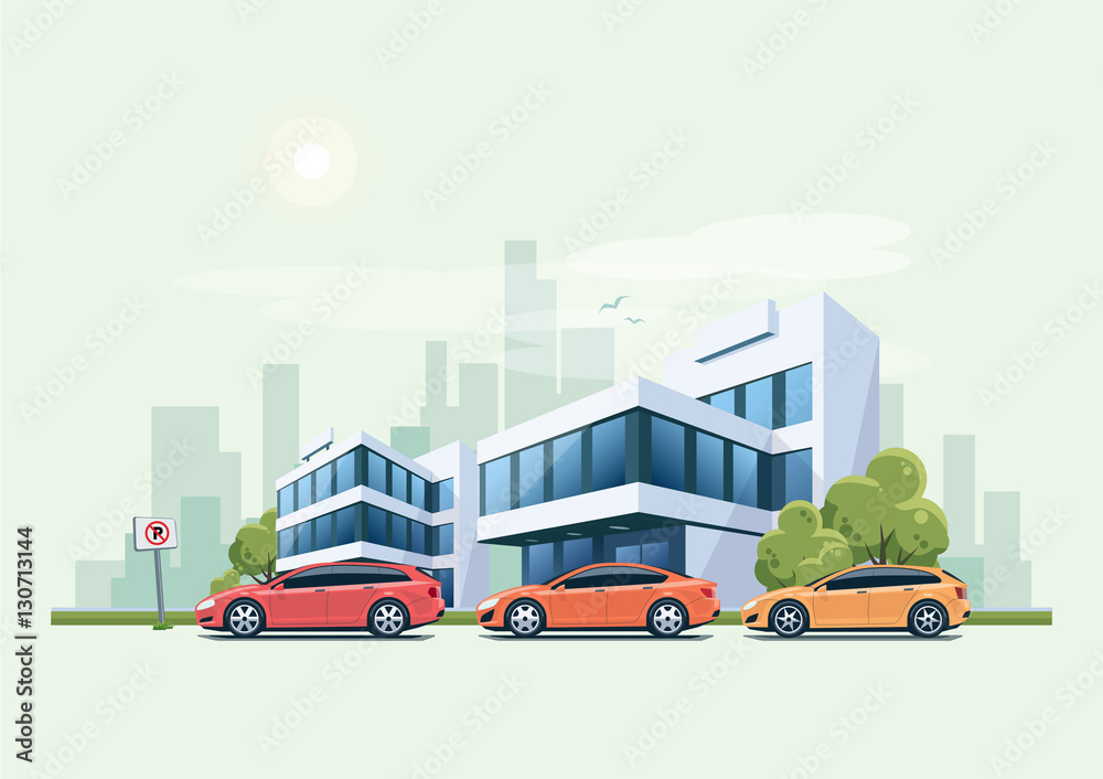 Cars Parked in front of Office Building and City Background