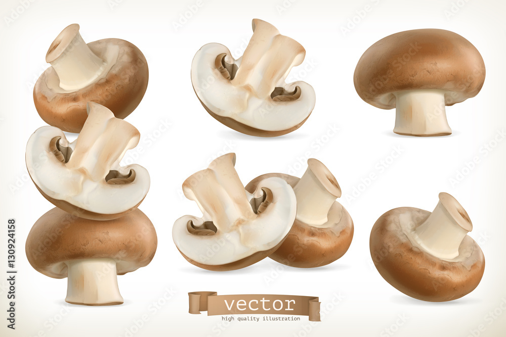 Brown cremini mushroom, 3d vector icon set isolated on white