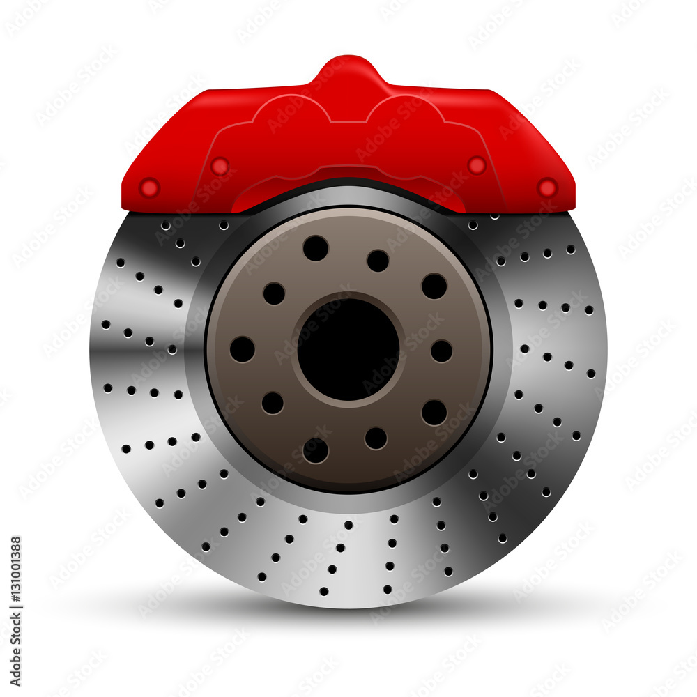 Auto brake disc and red caliper isolated on white, vector illustration
