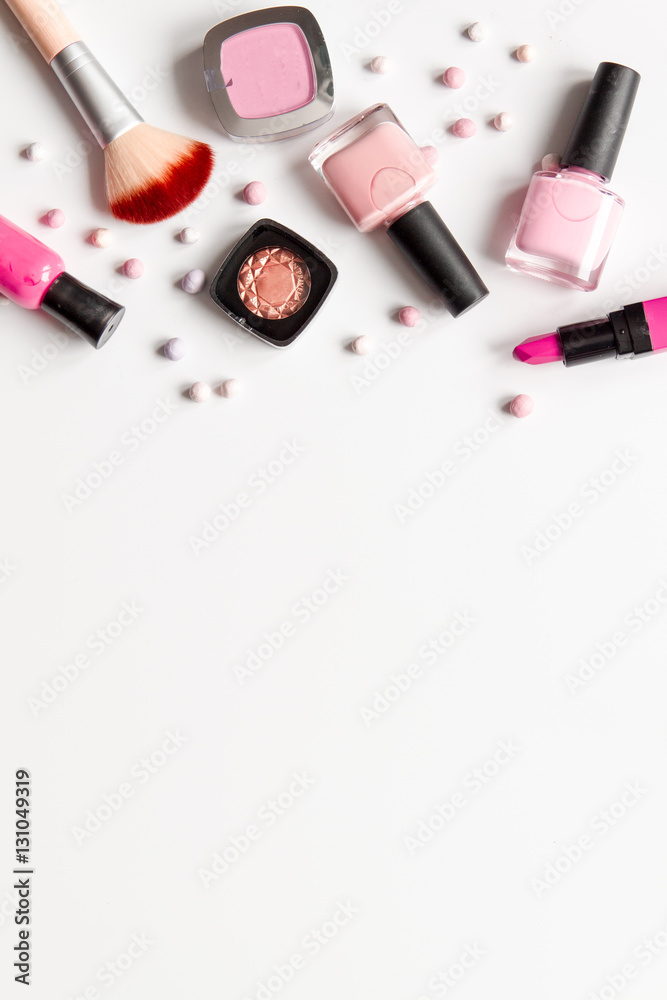 concept online shopping cosmetics white background top view mock up