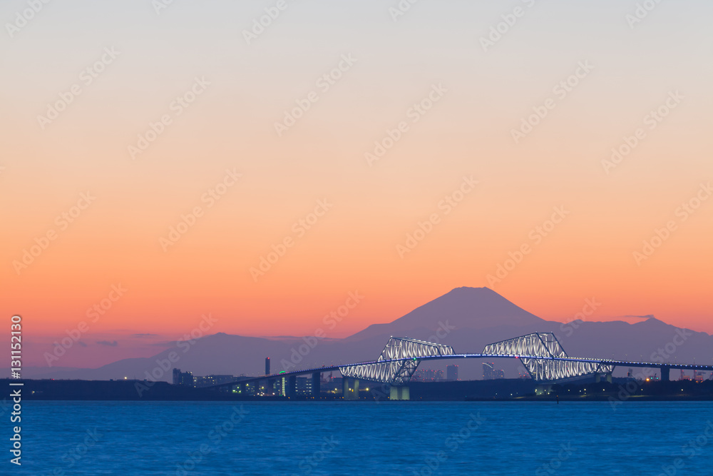 Tokyo gate bridge and Mt.Fuji at beautiful sunset in winter