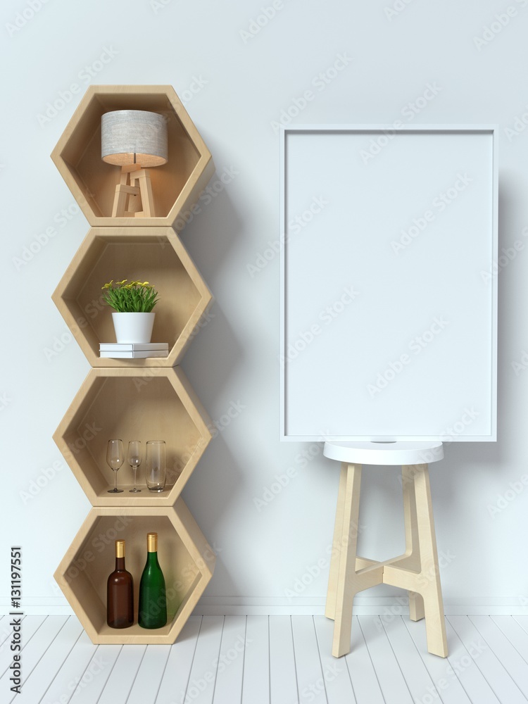Bookshelf and others on the wall with books and white picture frame,3D rendering
