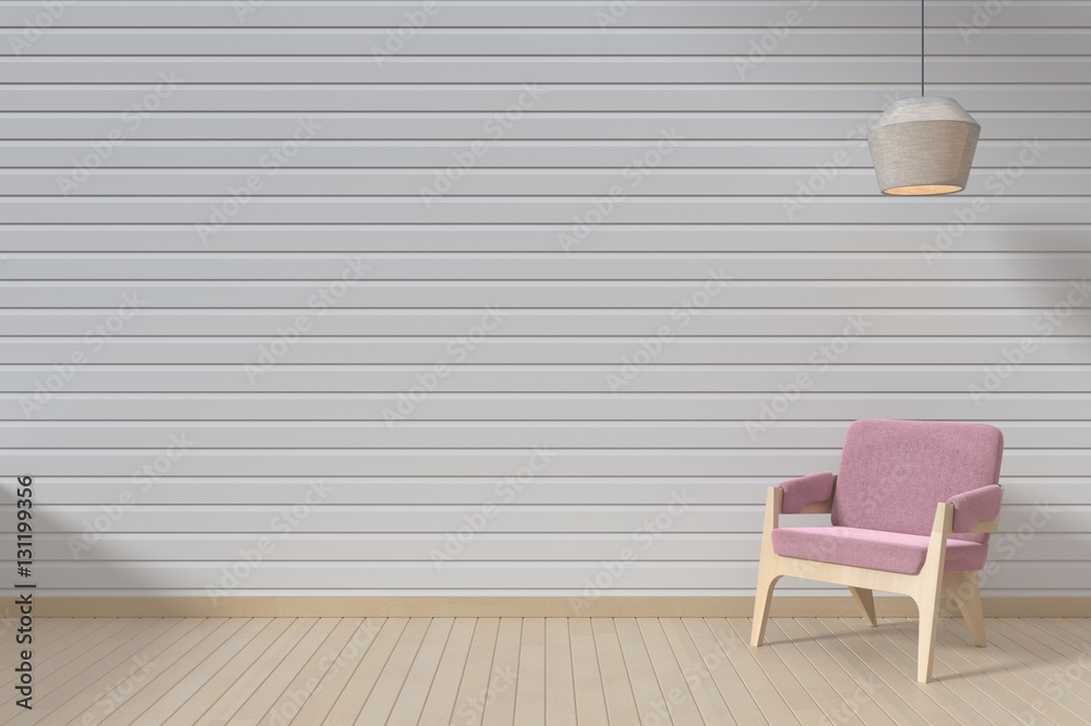 室内有一个粉红色的沙发，在空的白色墙壁背景上挂着灯，3D渲染
