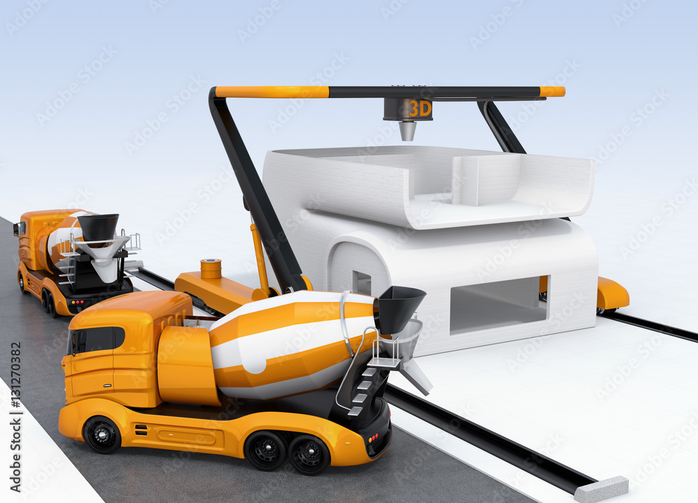 Concrete mixer trucks in the side of industrial 3D printer which printing house. 3D rendering image.