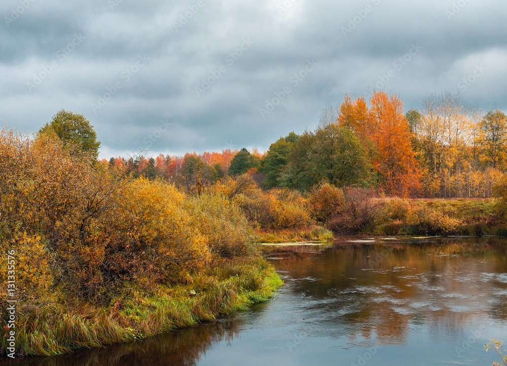 Beautiful autumn river landscape with colorful trees