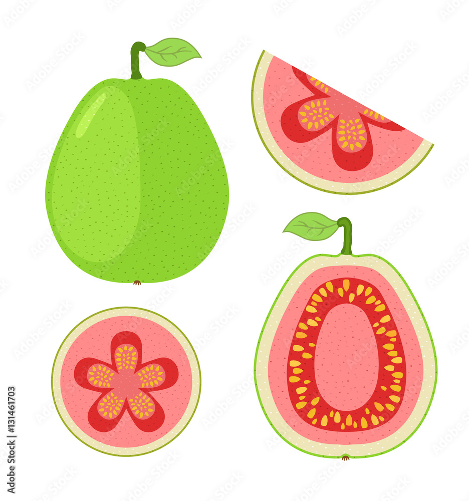 Slices of guava, whole exotic fruit. Flat cartoon vector style.