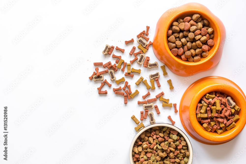 dry dog food in bowl on white background top view