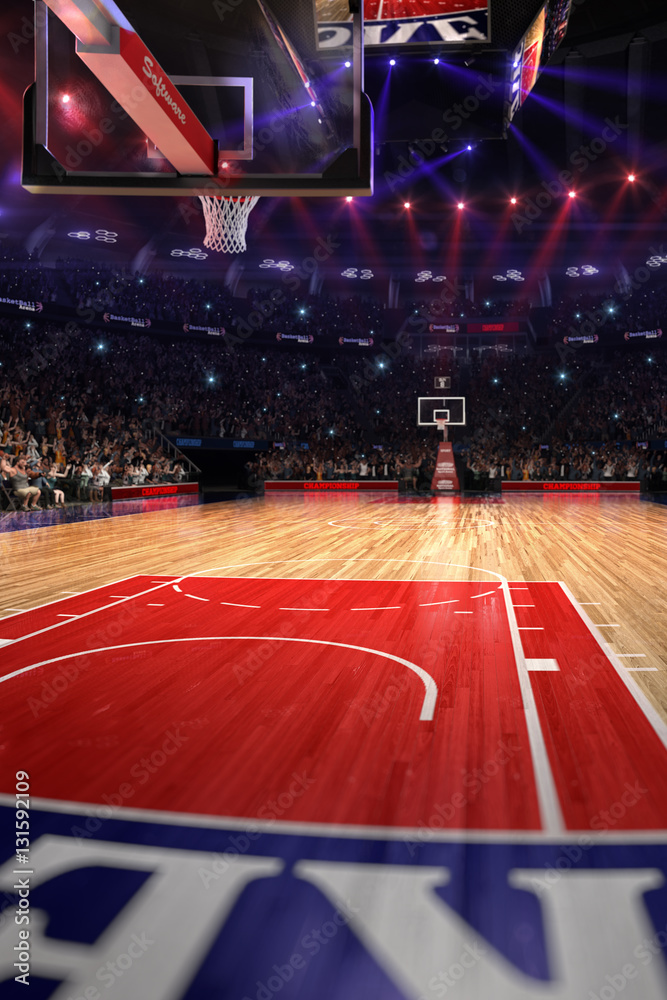 有球迷的篮球场。运动场。Photoreal 3d rende