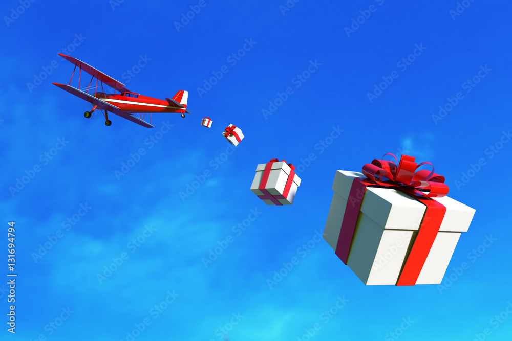Flying airplane with gift box over sky. 3D illustration
