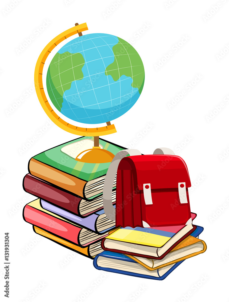 Books and schoolbags on white background