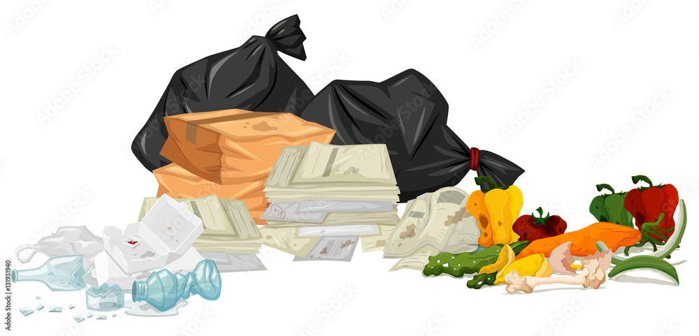 Pile of trash with papers and rotten food