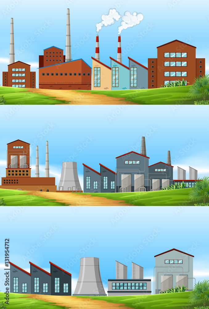 Three scenes with factories in the field
