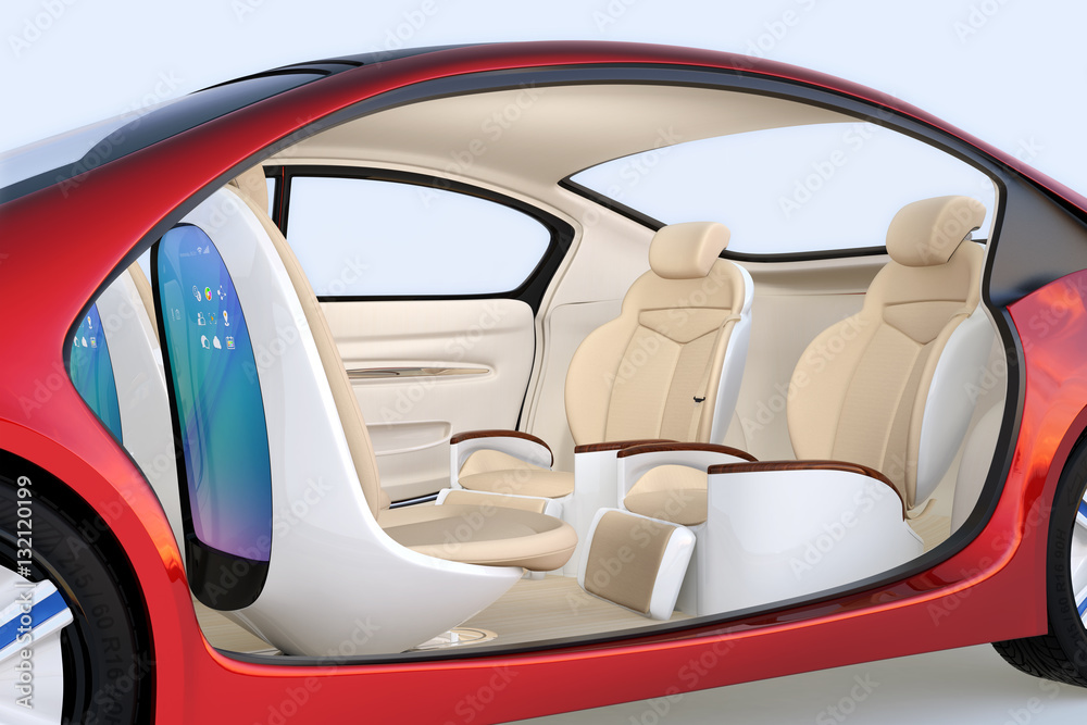 自动驾驶汽车概念图。前排座椅靠背显示器显示可以连接的数字接口