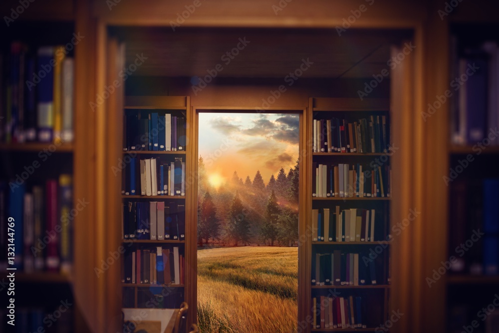 Composite image of close up of a bookshelf 3d