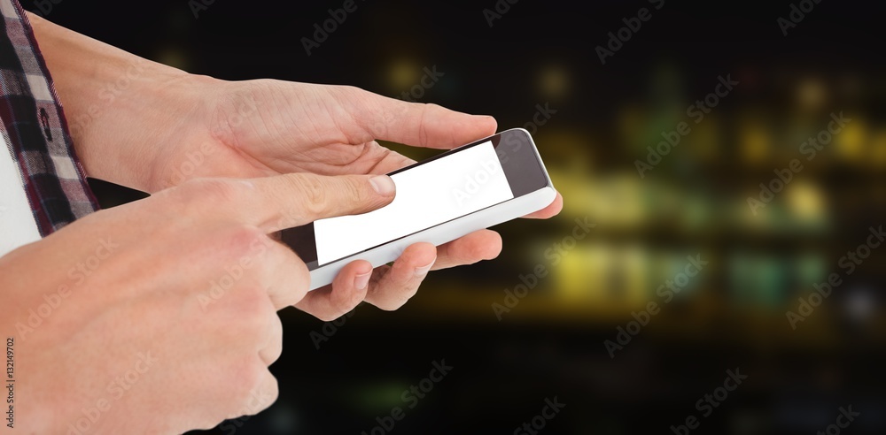 Composite image of cropped image of man using smartphone 3d