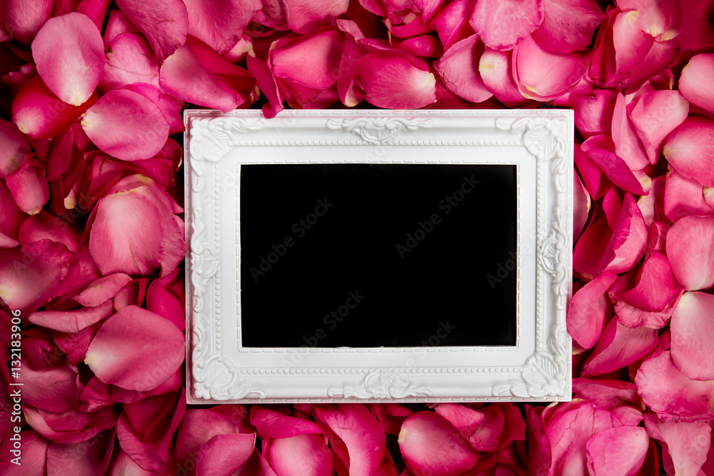 Empty photo frame with  sweet pink roses  petal  , romance 