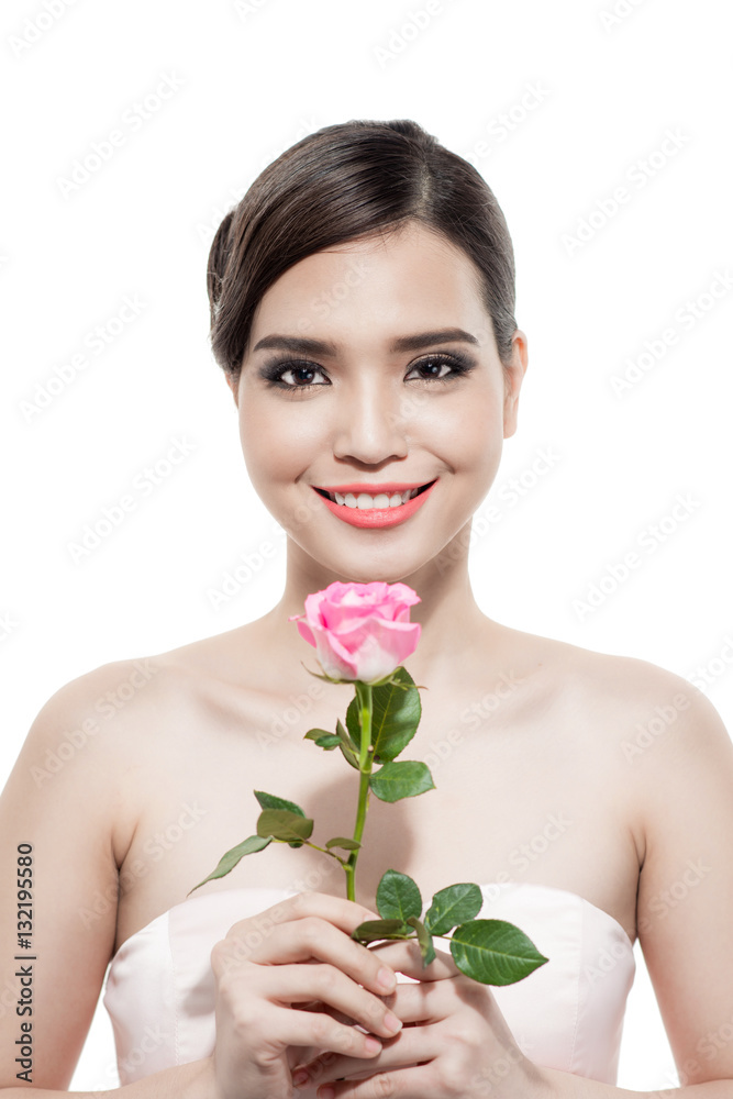 Happy bride with a bouquet of roses. Isolated on white backgroun