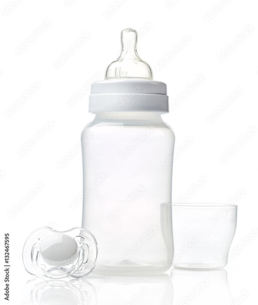 Empty baby bottle and pacifier