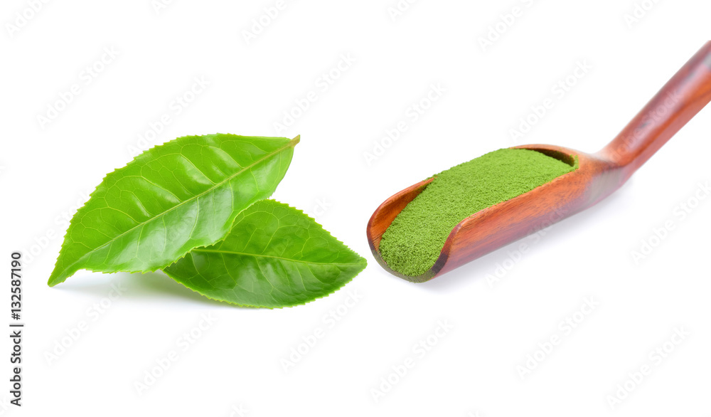 powder green tea with green tea leaf on white background.