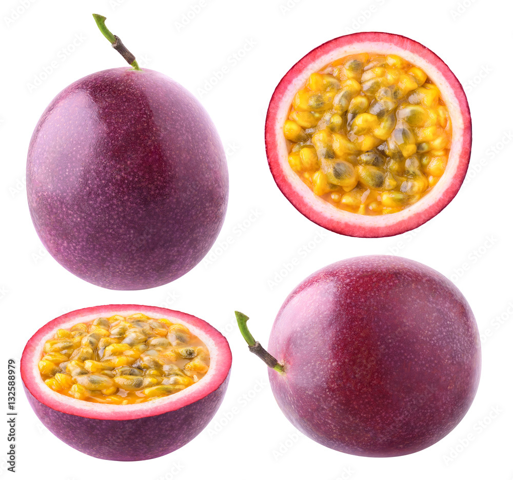 Isolated passionfruit. Collection of whole and cut passion fruits (maracuya) isolated on white backg