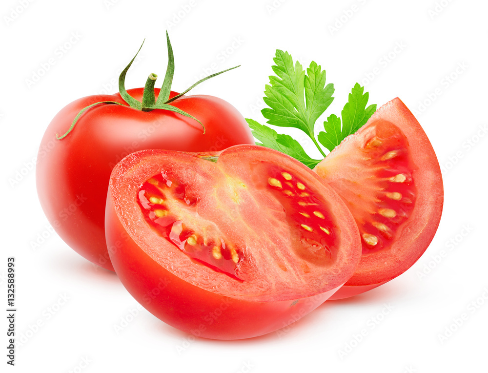 Isolated tomato. Whole and cut fresh tomatoes isolated on white background with clipping path