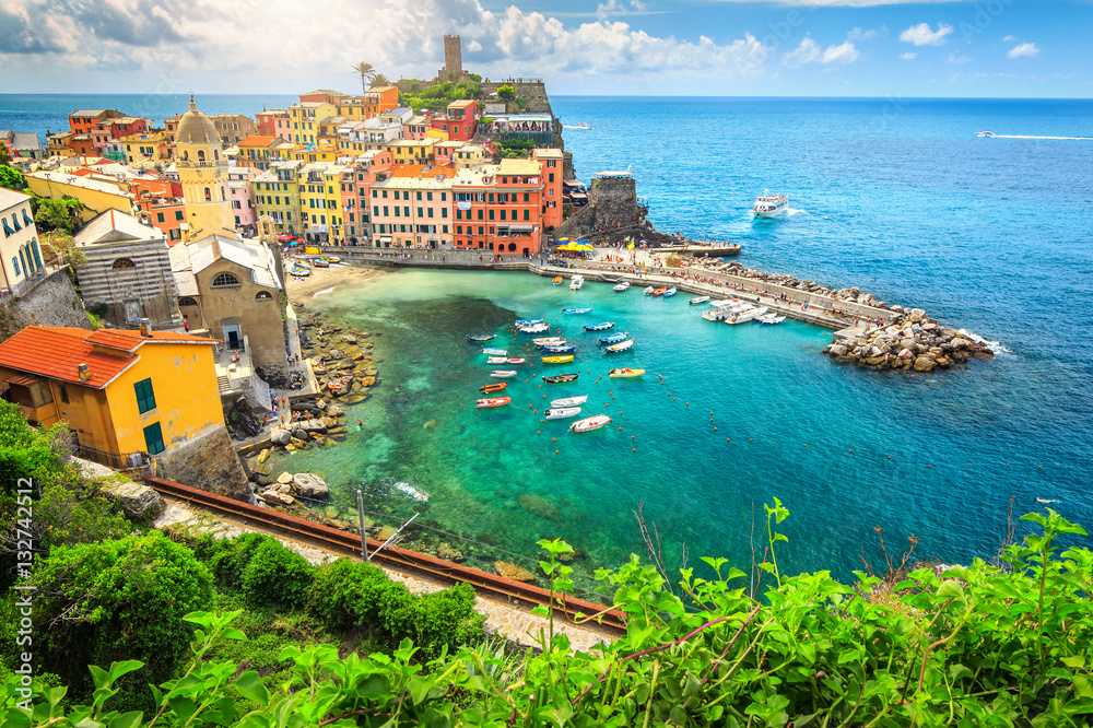 Amazing Vernazza village and stunning sunrise, Cinque Terre, Italy, Europe