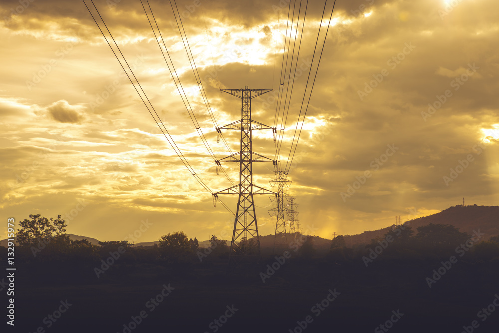 Electric powerlines over sunrise  - Vibrant color effect