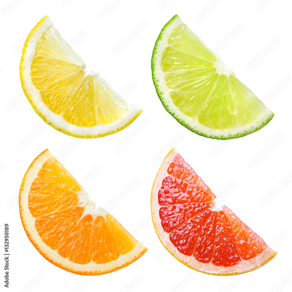 Citrus fruit. Orange, lemon, lime, grapefruit. Slices isolated o