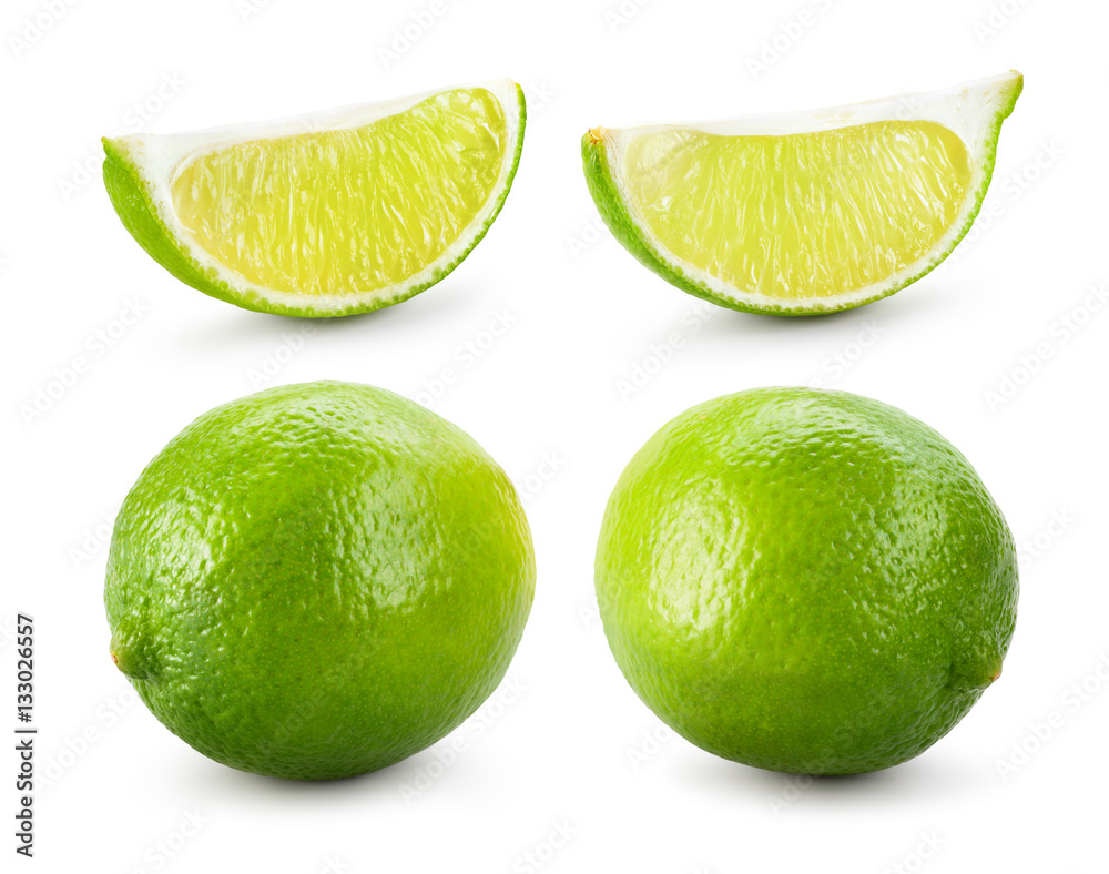 Lime. Fresh fruit isolated on white background. Whole, slice, pi