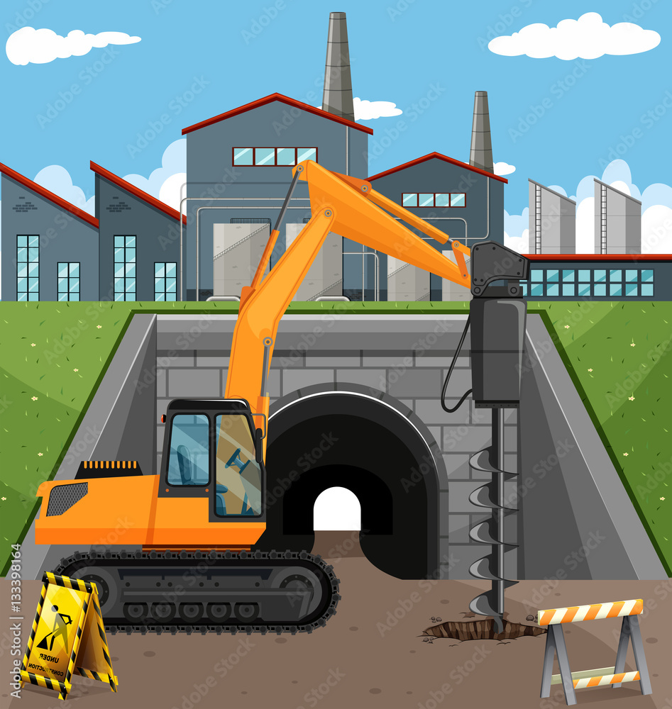 Road construction scene with driller