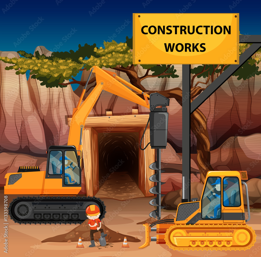 Construction works scene with driller and bulldozer