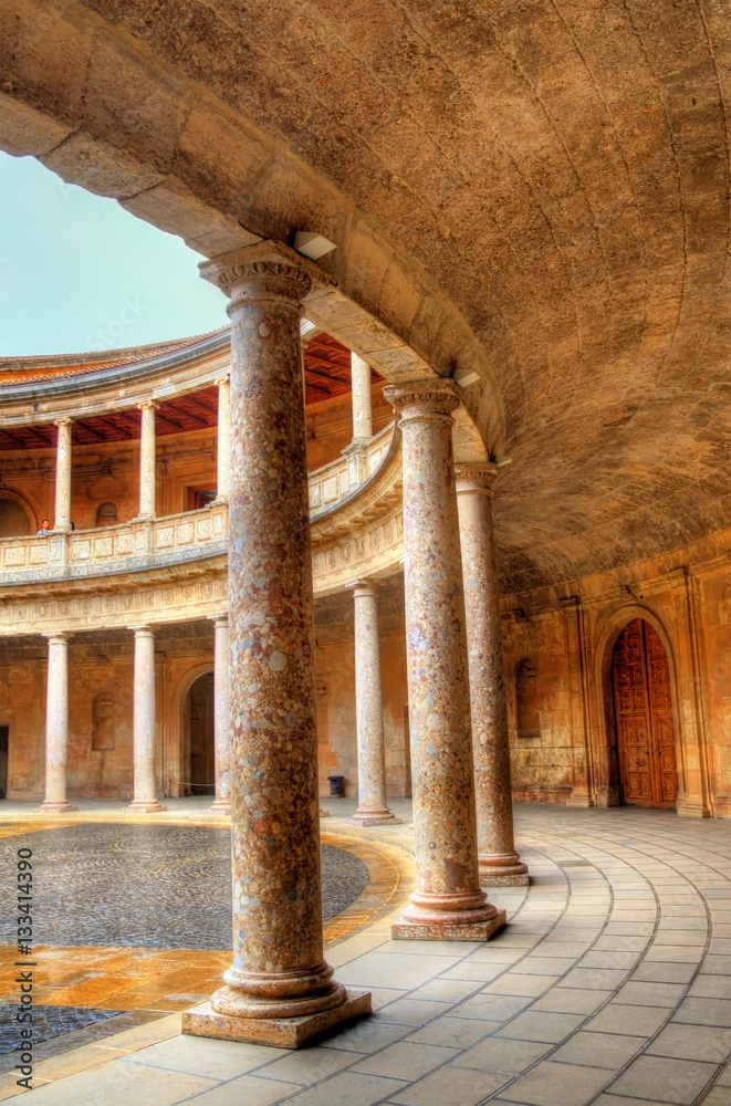 Atrium with columns at the Palace of Charles V, Alhambra fortress in Granada, Spain
