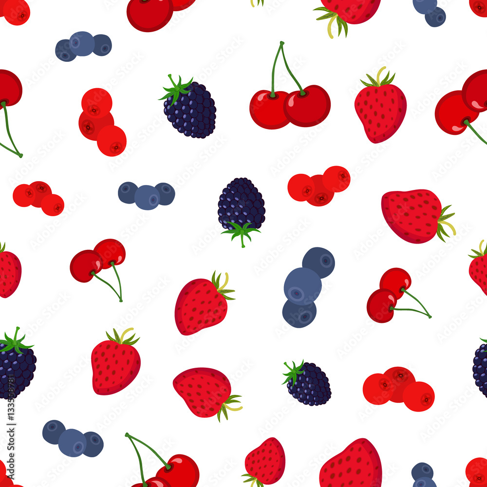 卡通浆果图案。草莓，蓝莓，蔓越莓，樱桃