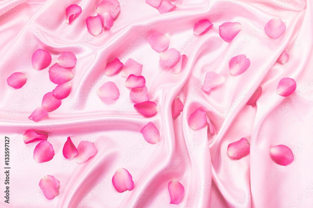  sweet pink roses  petal on  soft pink silk fabric