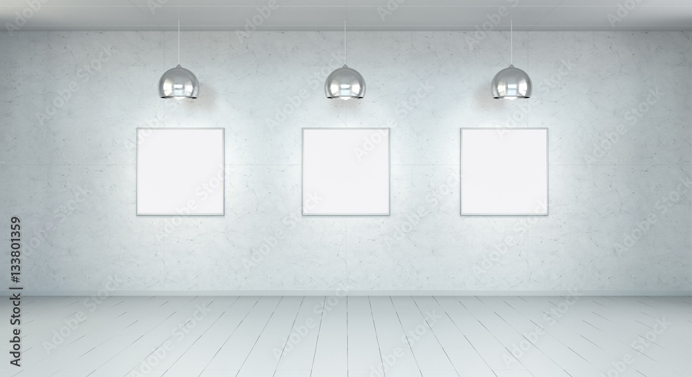 Three white blanks canvas on a wall 3D rendering