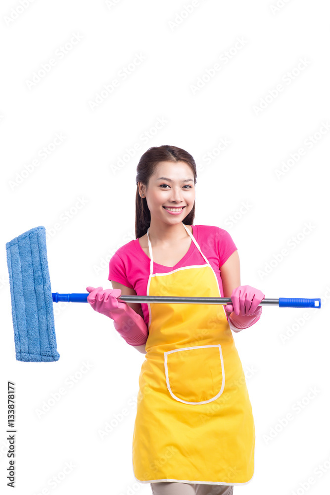 Woman doing housekeeping stuff at home isolated on white backgro