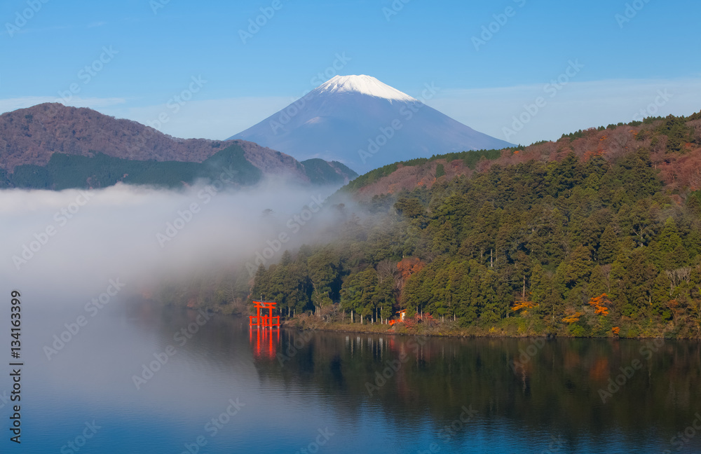 Mt.Fuji and Ashi lake with mist in autumn morning