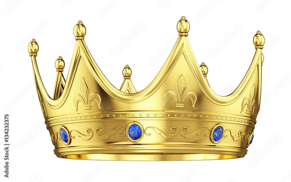 Royal gold crown with sapphires isolated on white. 3d rendering