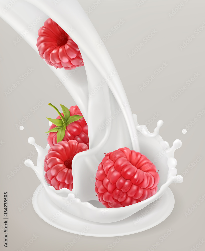 Milk splash and Raspberries. 3d vector object. Natural dairy products